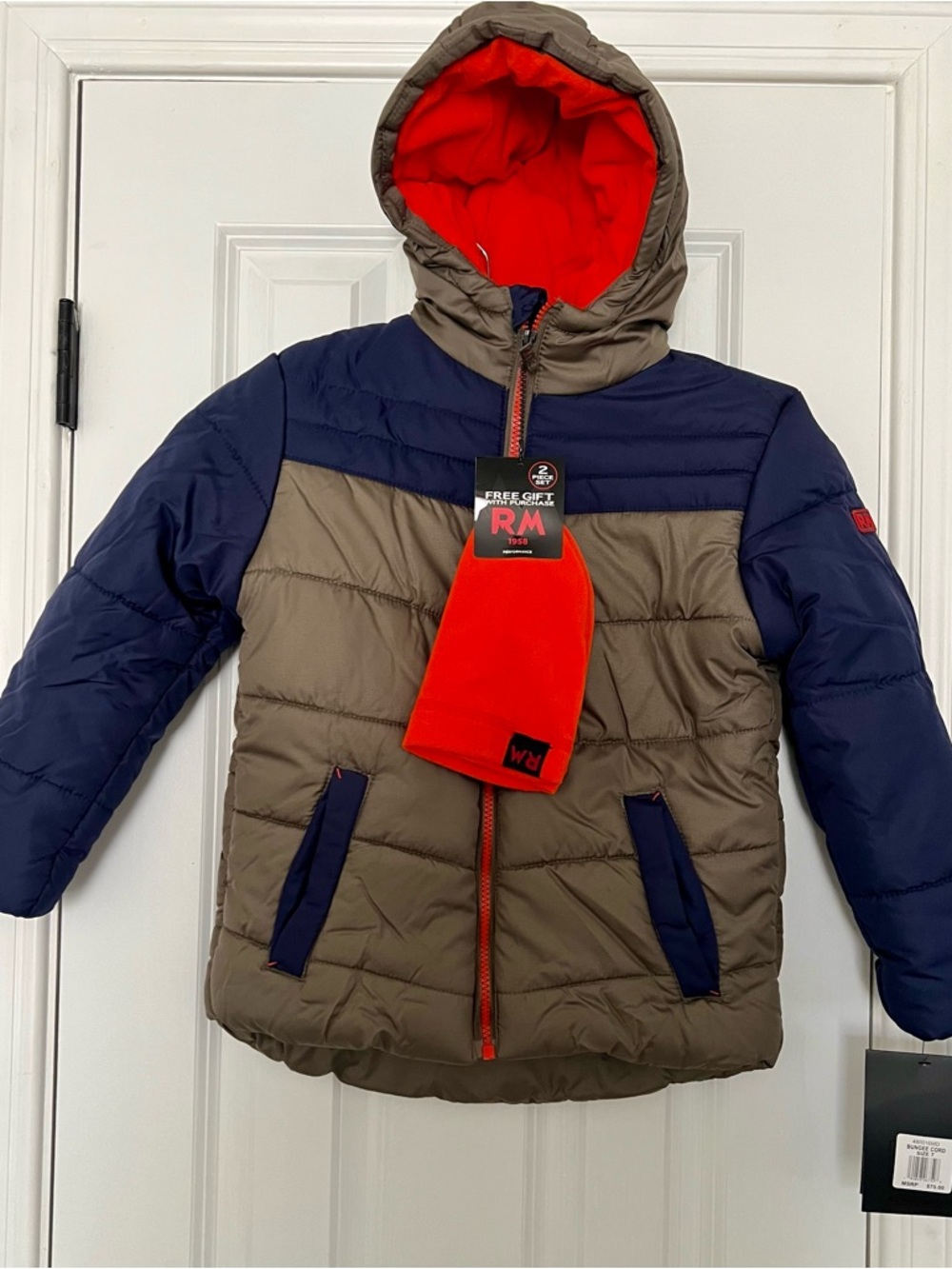 Colorblock Hooded Puffer Jacket in Olive, Navy & Red for Kids